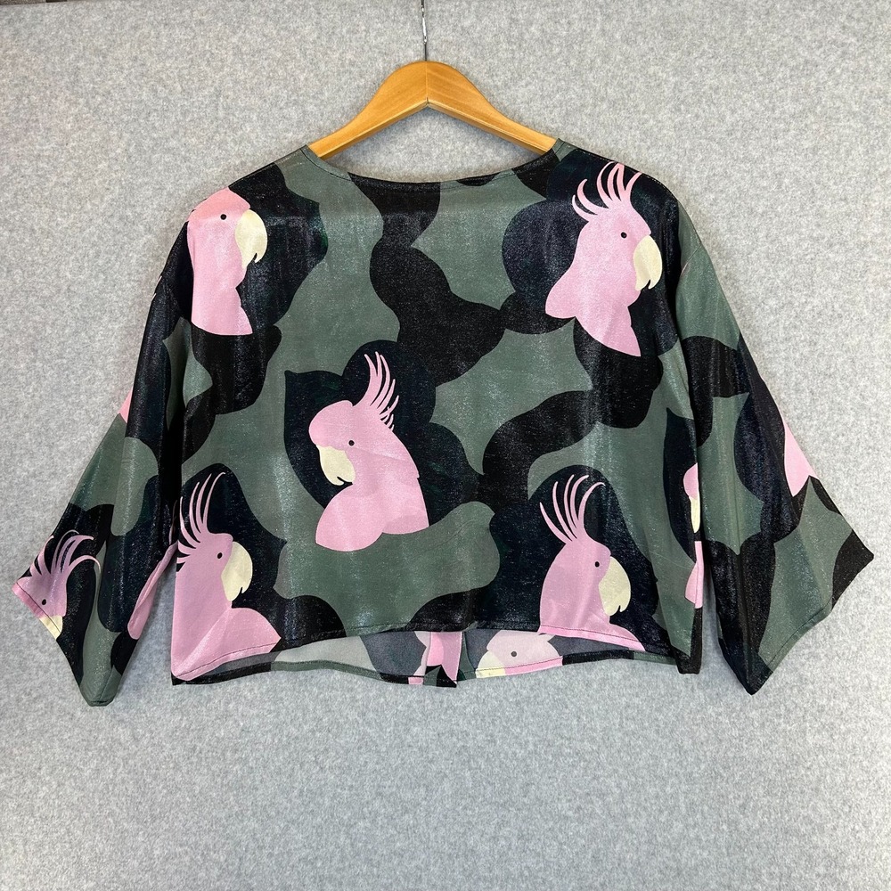 Samuji Silk Bencis Shirt Blouse Green Pink Kakadu Bird Parrot Print Womens Sz 34